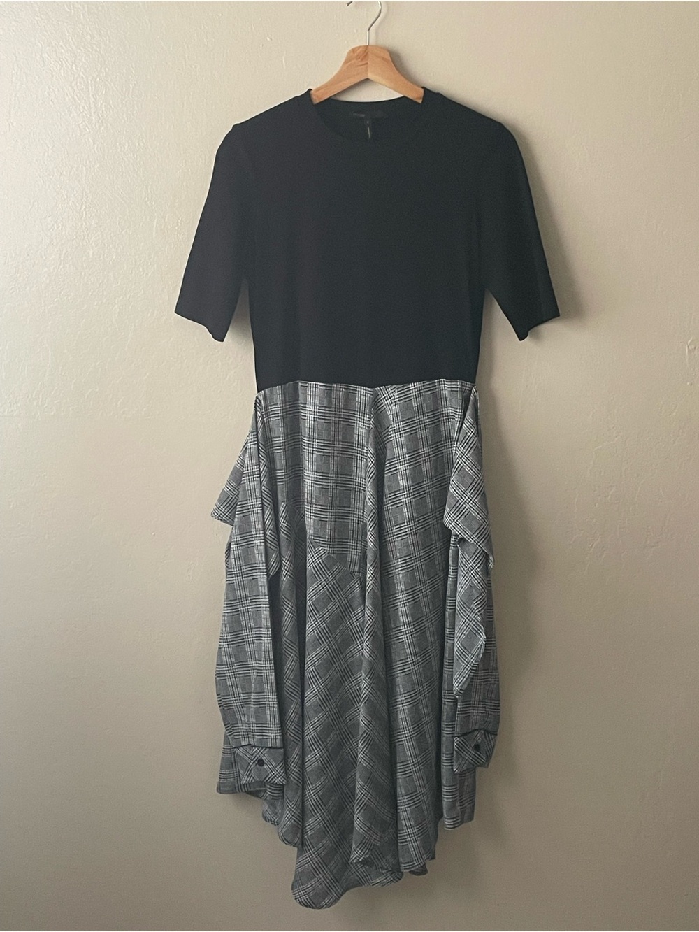 Maje Black Top with Gray Plaid Midi Dress